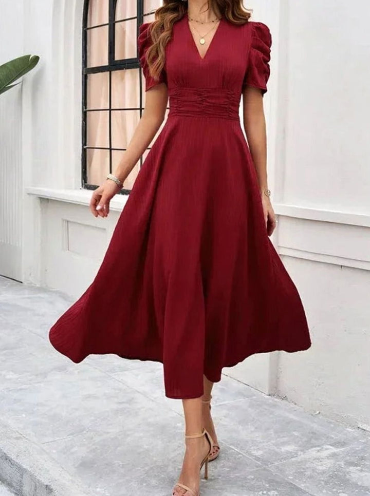 Women's A-Line V-Neck Puff Sleeve Ruched Waist Midi Dress