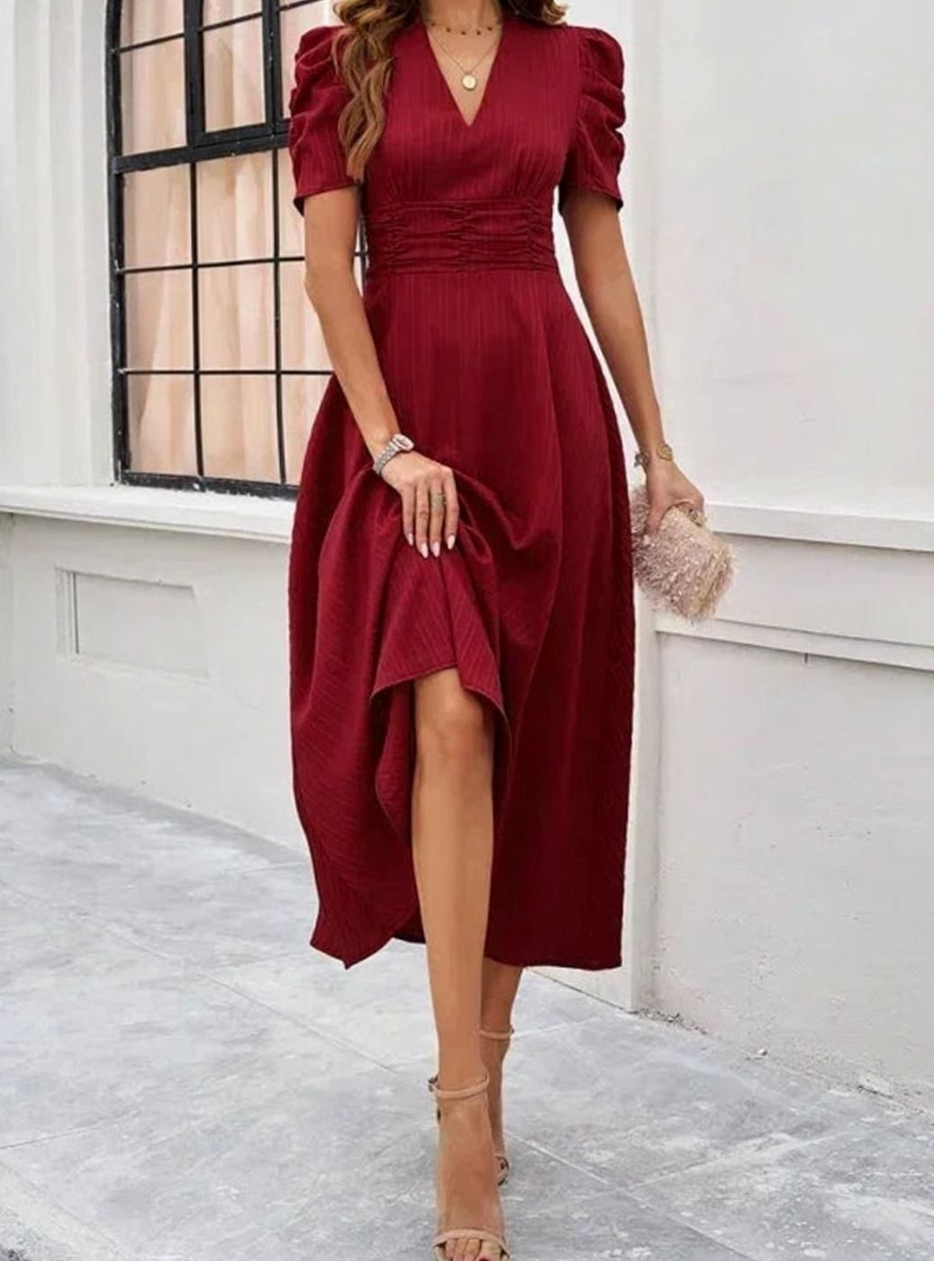 Women's A-Line V-Neck Puff Sleeve Ruched Waist Midi Dress