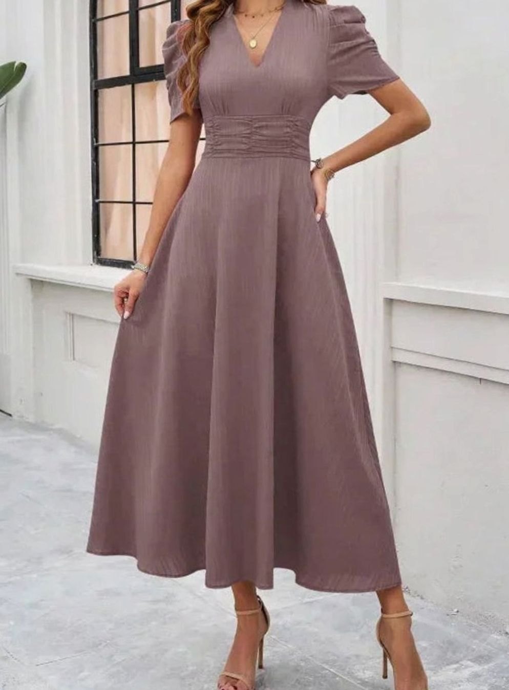 Women's A-Line V-Neck Puff Sleeve Ruched Waist Midi Dress