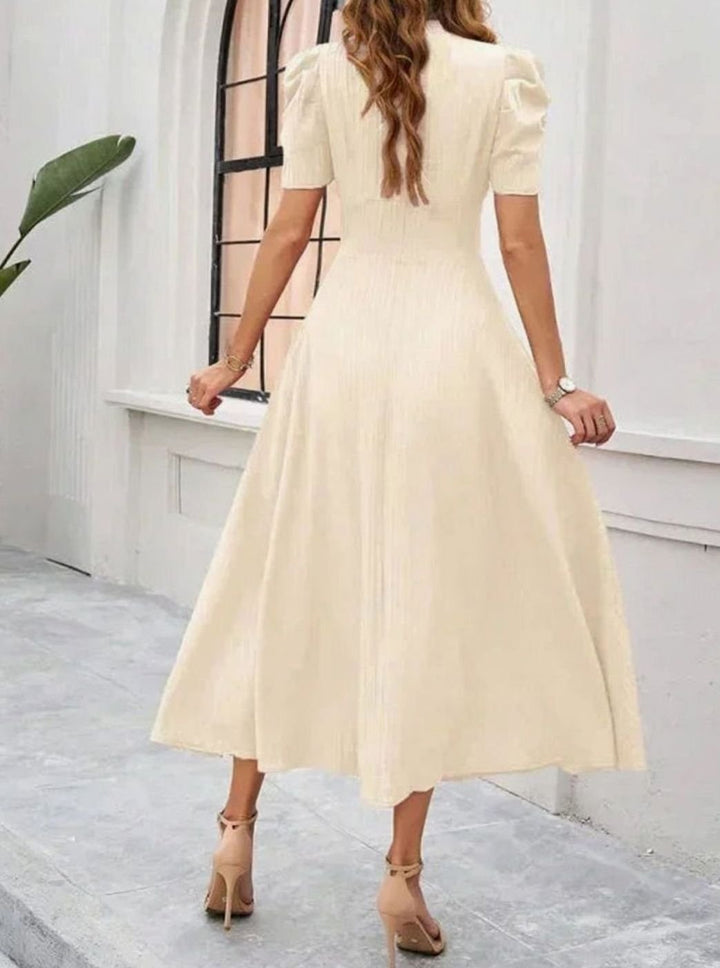 Women's A-Line V-Neck Puff Sleeve Ruched Waist Midi Dress