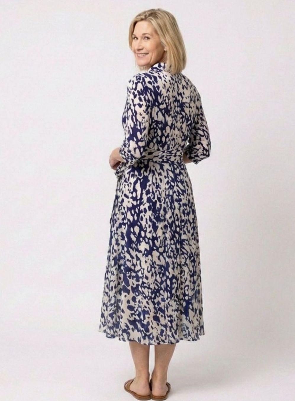 Women's Abstract Print Collared Midi Shirt Dress Waist Tie