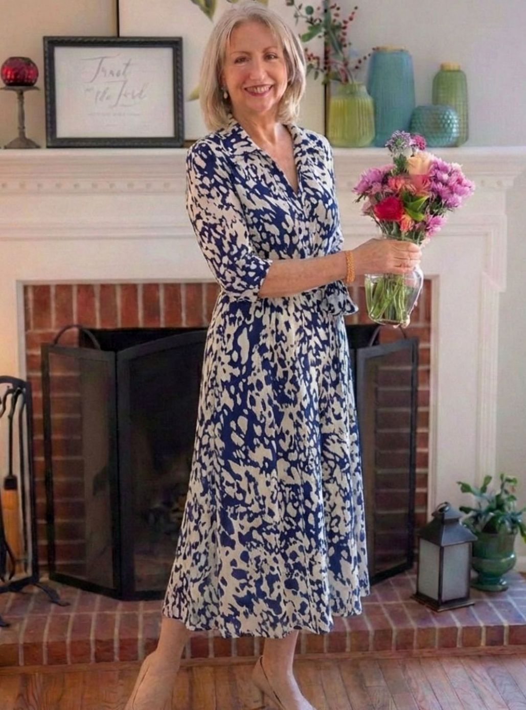 Women's Abstract Print Collared Midi Shirt Dress Waist Tie
