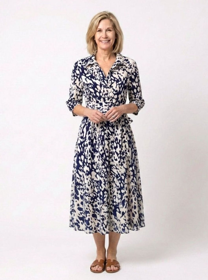 Women's Abstract Print Collared Midi Shirt Dress Waist Tie, Navy Blue