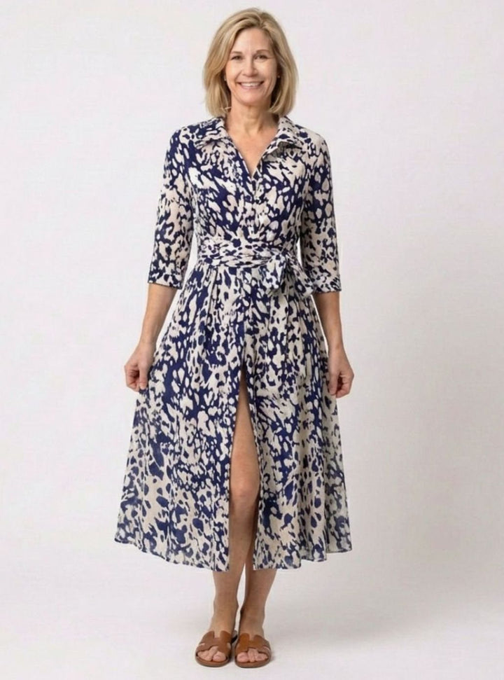 Women's Abstract Print Collared Midi Shirt Dress Waist Tie, Navy Blue