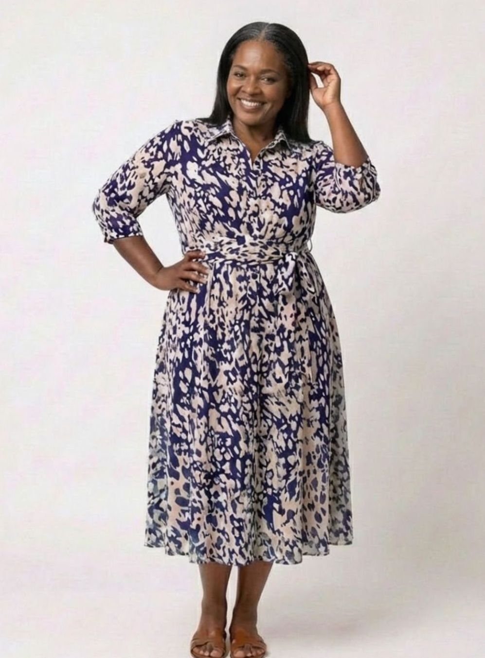 Women's Abstract Print Collared Midi Shirt Dress Waist Tie, Navy Blue