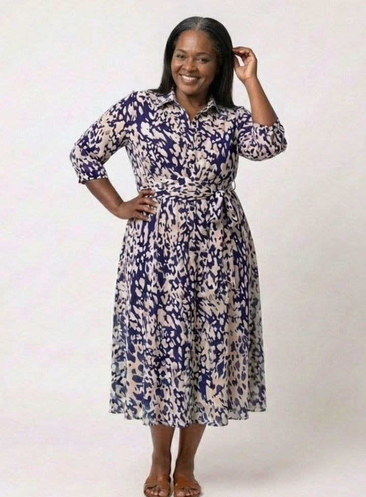 Women's Abstract Print Collared Midi Shirt Dress Waist Tie, Navy Blue