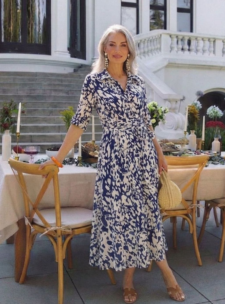 Women's Abstract Print Collared Midi Shirt Dress Waist Tie, Navy Blue
