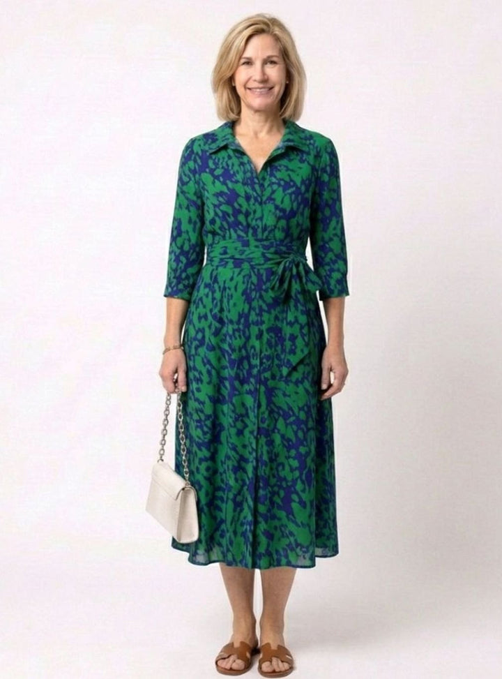Women's Abstract Print Collared Midi Shirt Dress Waist Tie, Navy Blue