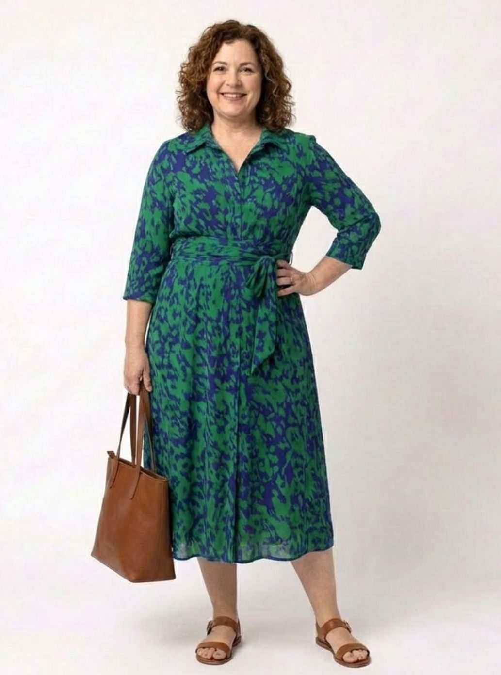 Women's Abstract Print Collared Midi Shirt Dress Waist Tie, Navy Blue
