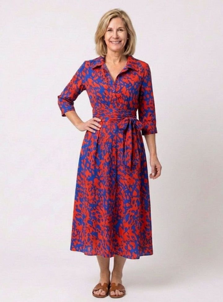 Women's Abstract Print Collared Midi Shirt Dress Waist Tie, Navy Blue