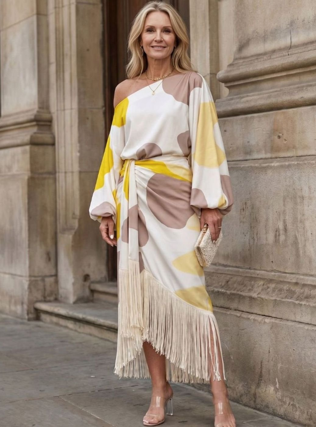 Women's Abstract Print One-Shoulder Fringe Hem Midi Dress