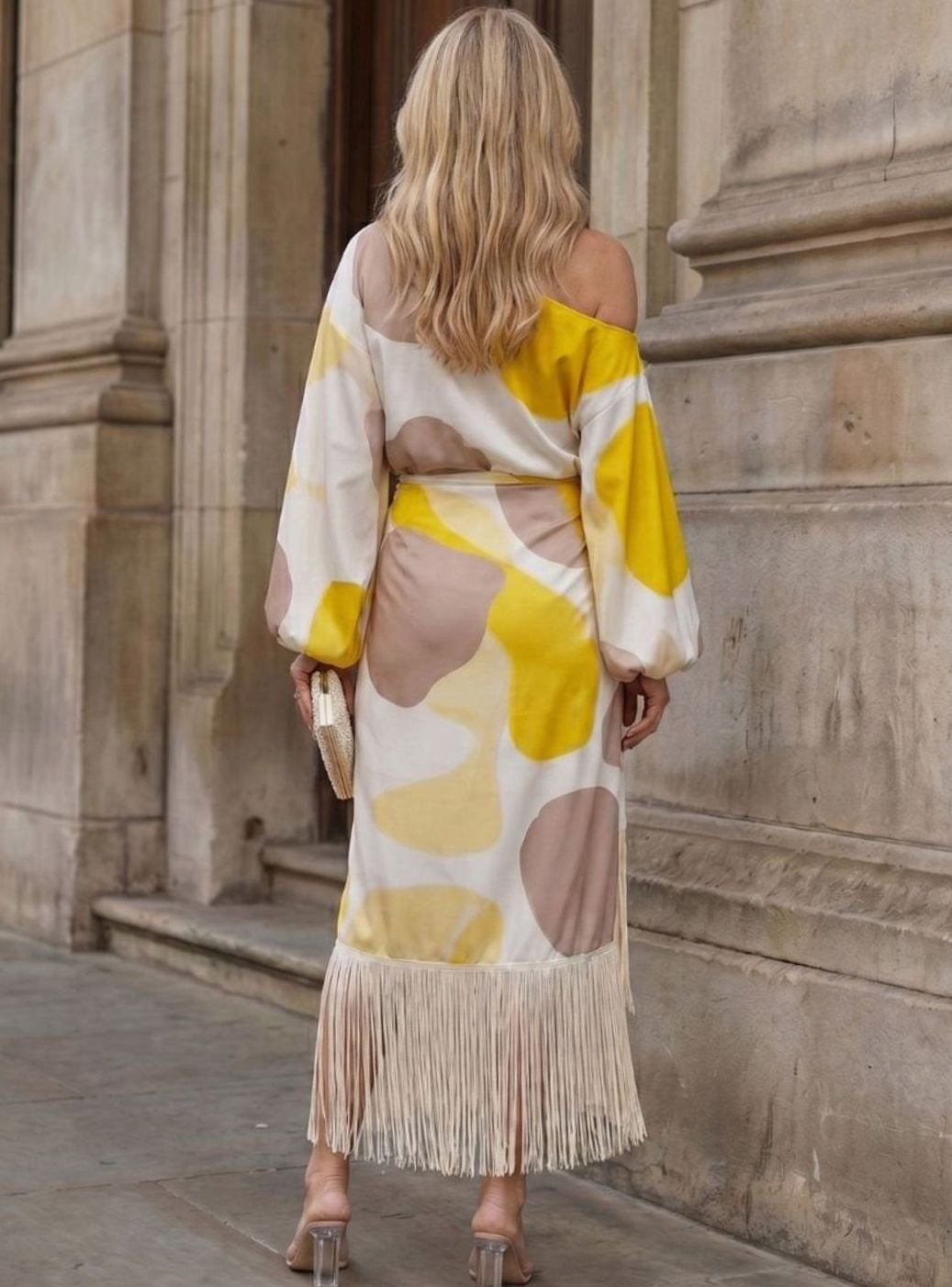 Women's Abstract Print One-Shoulder Fringe Hem Midi Dress