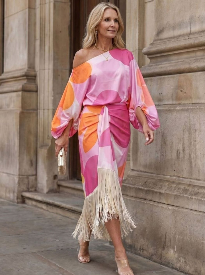 Women's Abstract Print One-Shoulder Fringe Hem Midi Dress