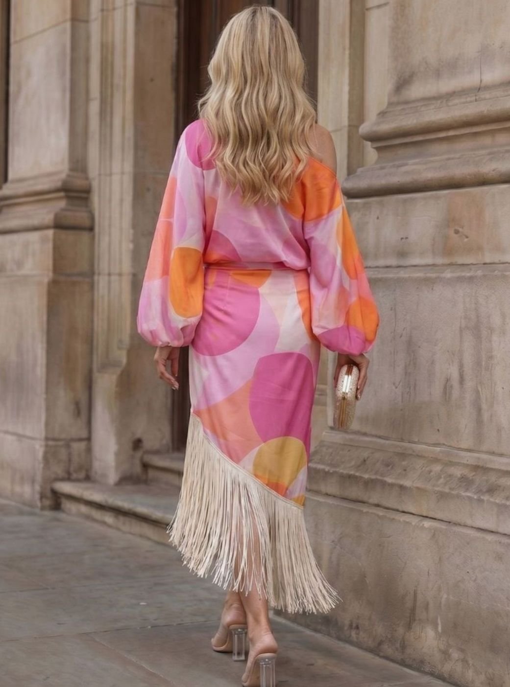 Women's Abstract Print One-Shoulder Fringe Hem Midi Dress