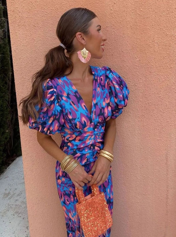 Women's Abstract Print Ruched V-Neck Puff Sleeve Midi Dress