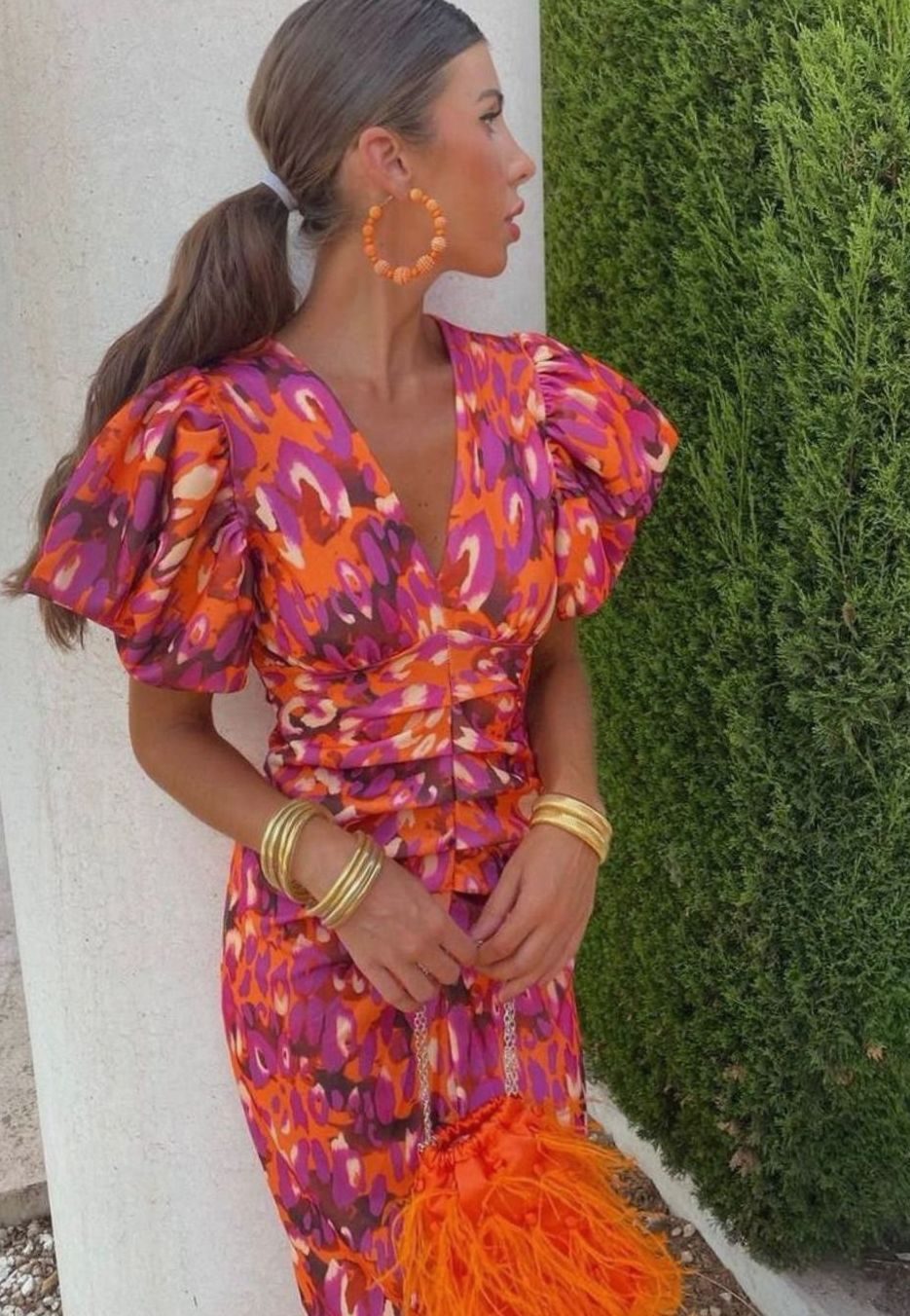 Women's Abstract Print V-Neck Puff Sleeve Midi Party Dress