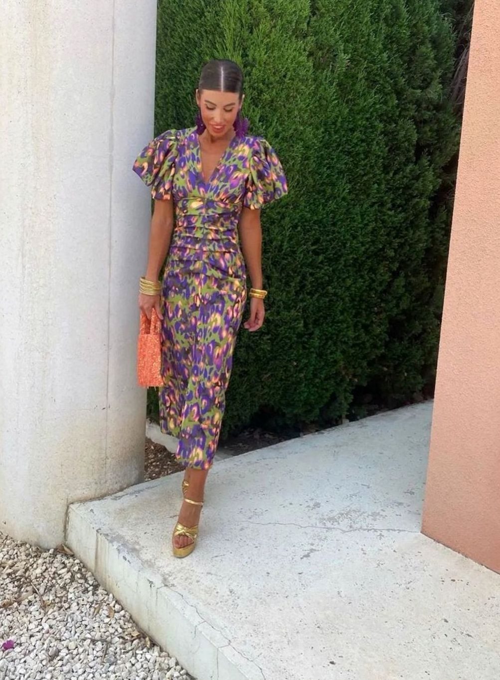 Women's Abstract Print V-Neck Puff Sleeve Midi Party Dress