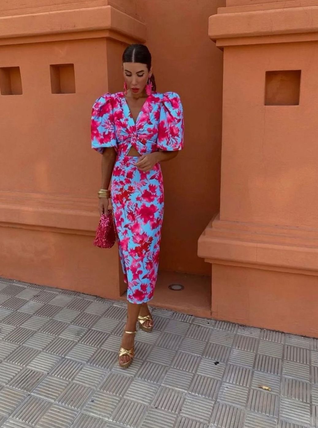 Women's Abstract Print V-Neck Puff Sleeve Midi Party Dress