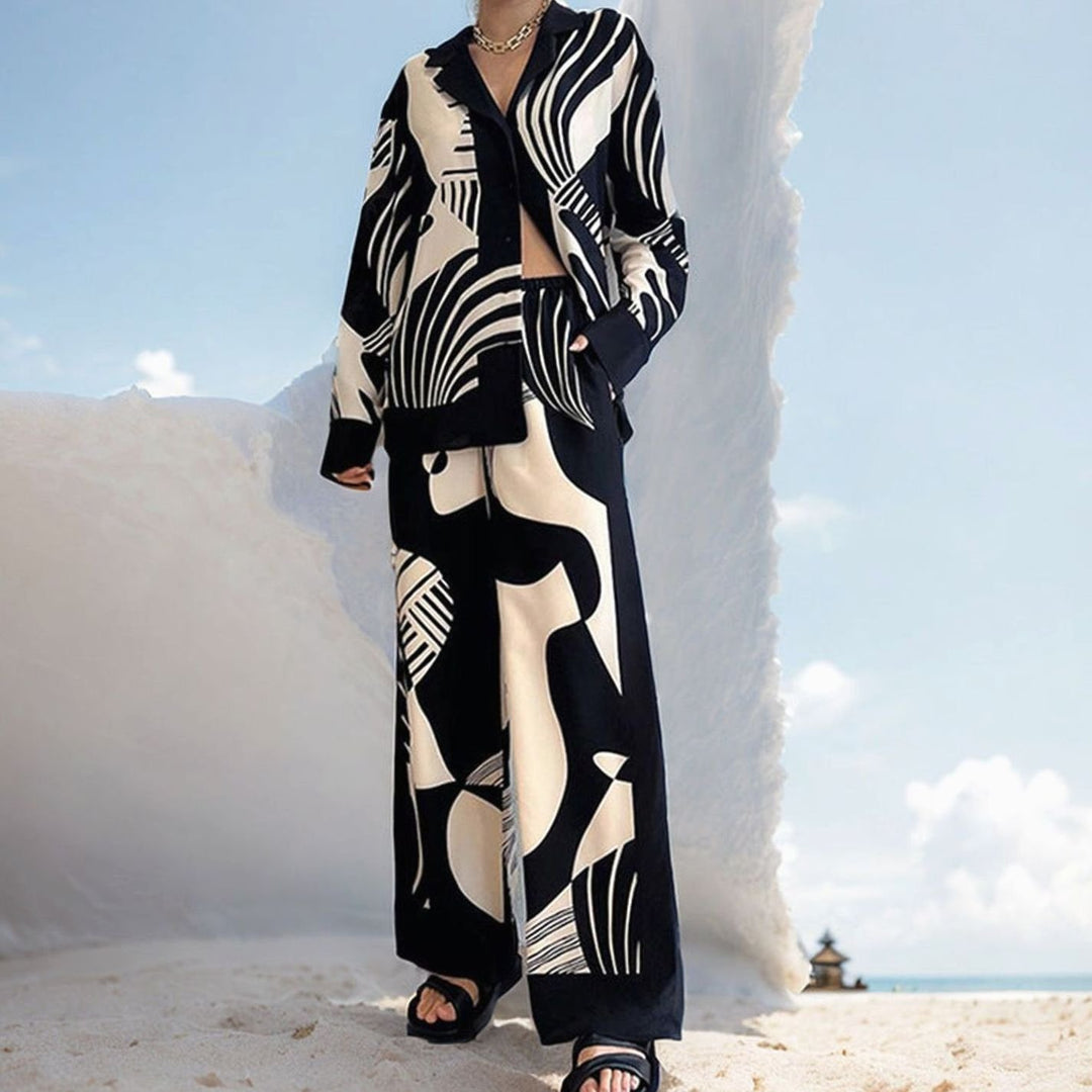 Women's Abstract Print Wide-Leg Shirt Loungewear Co-ord Set