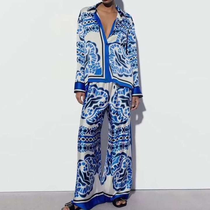 Women's Abstract Print Wide-Leg Shirt Loungewear Co-ord Set