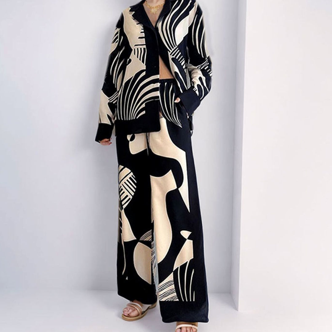Women's Abstract Print Wide-Leg Shirt Loungewear Co-ord Set