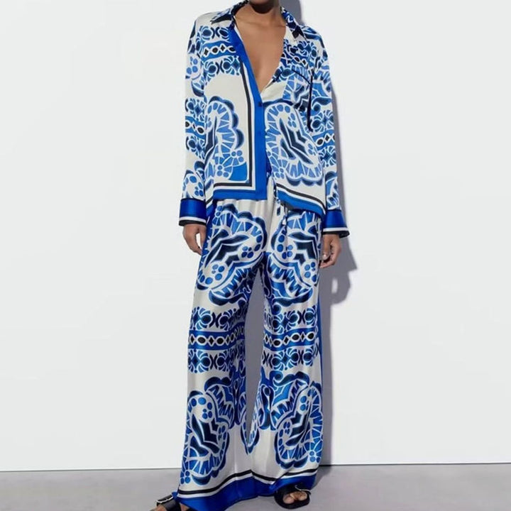 Women's Abstract Print Wide-Leg Shirt Loungewear Co-ord Set