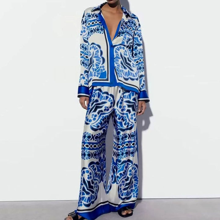 Women's Abstract Print Wide-Leg Shirt Loungewear Co-ord Set - Blue