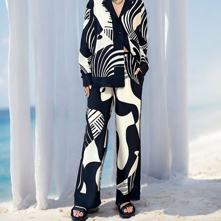 Women's Abstract Print Wide-Leg Shirt Loungewear Co-ord Set - Black