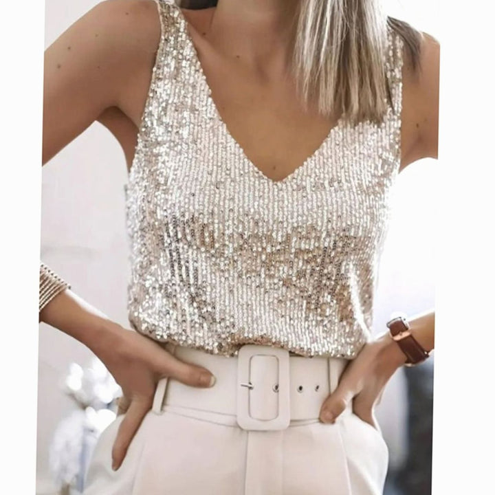 Women's All-Over Sequin V-Neck Sleeveless Party Top