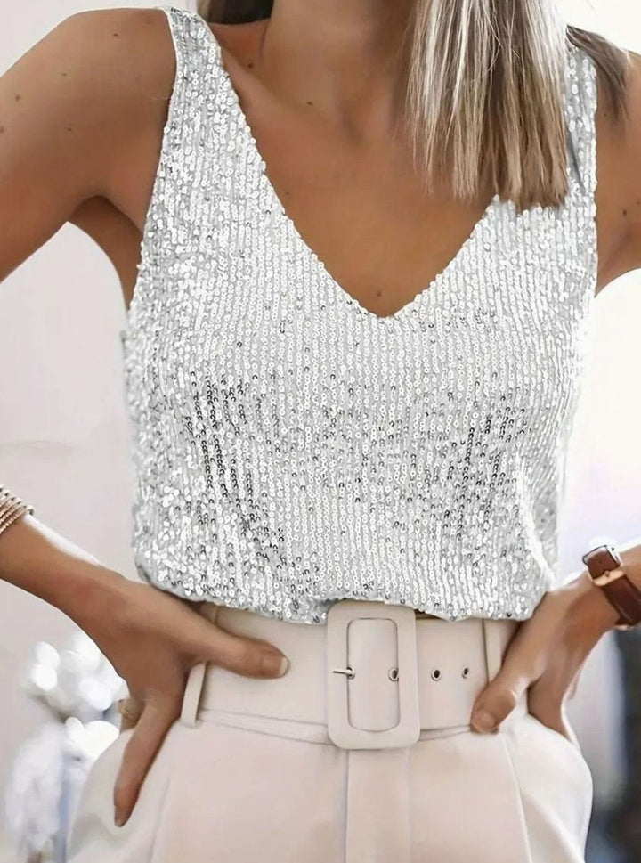 Women's All-Over Sequin V-Neck Sleeveless Party Top