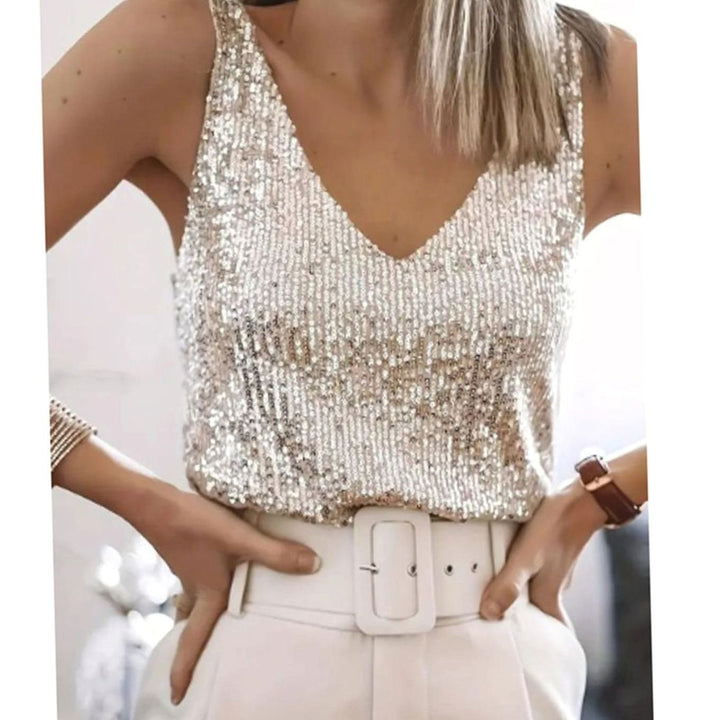 Women's All-Over Sequin V-Neck Sleeveless Party Vest Top