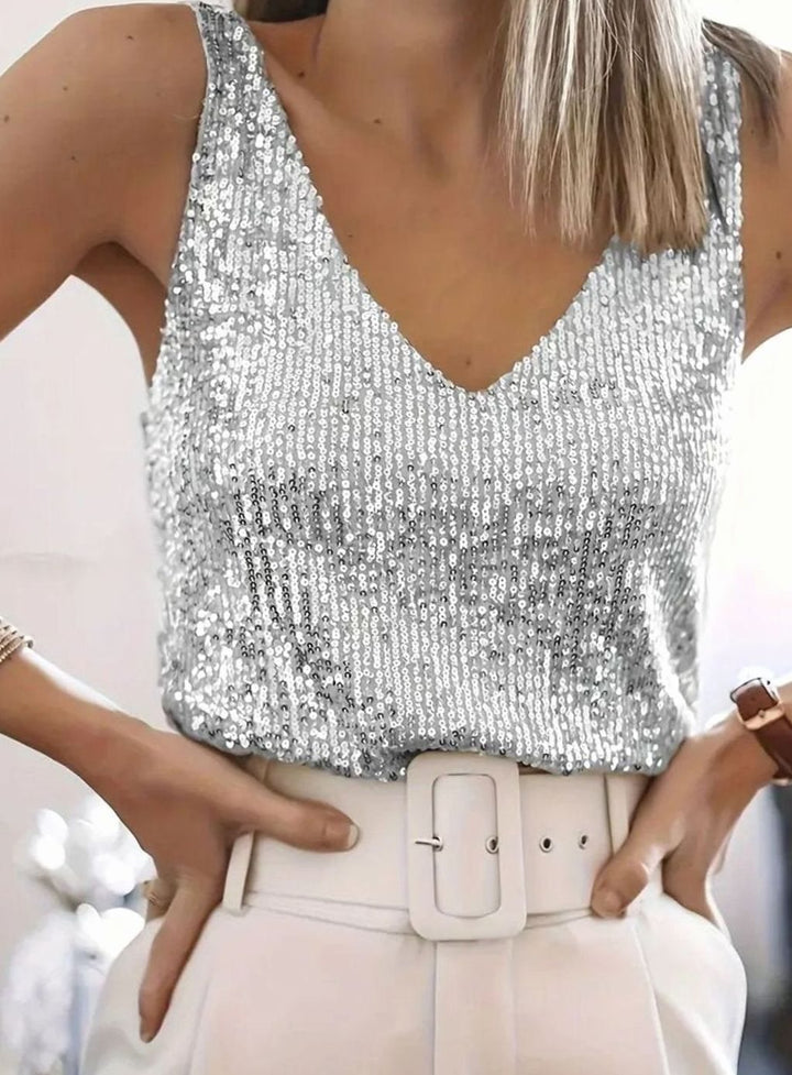 Women's All-Over Sequin V-Neck Sleeveless Party Vest Top