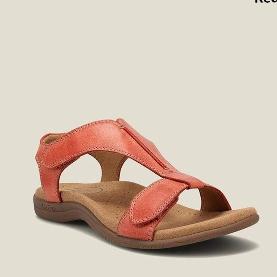 Women's Arch-Support Open-Toe Leather Flat Sandals - Red