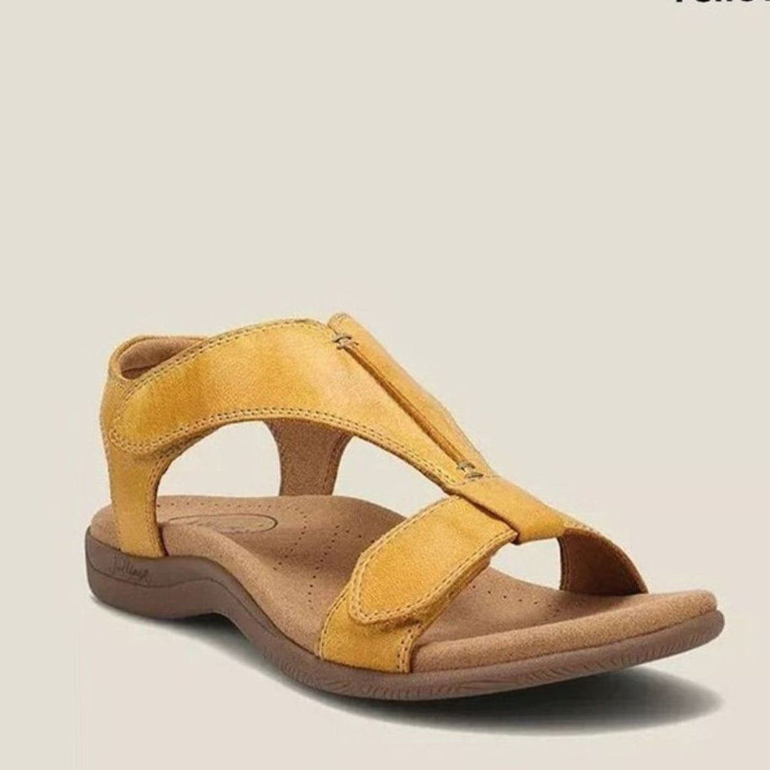 Women's Arch-Support Open-Toe Leather Flat Sandals - Yellow