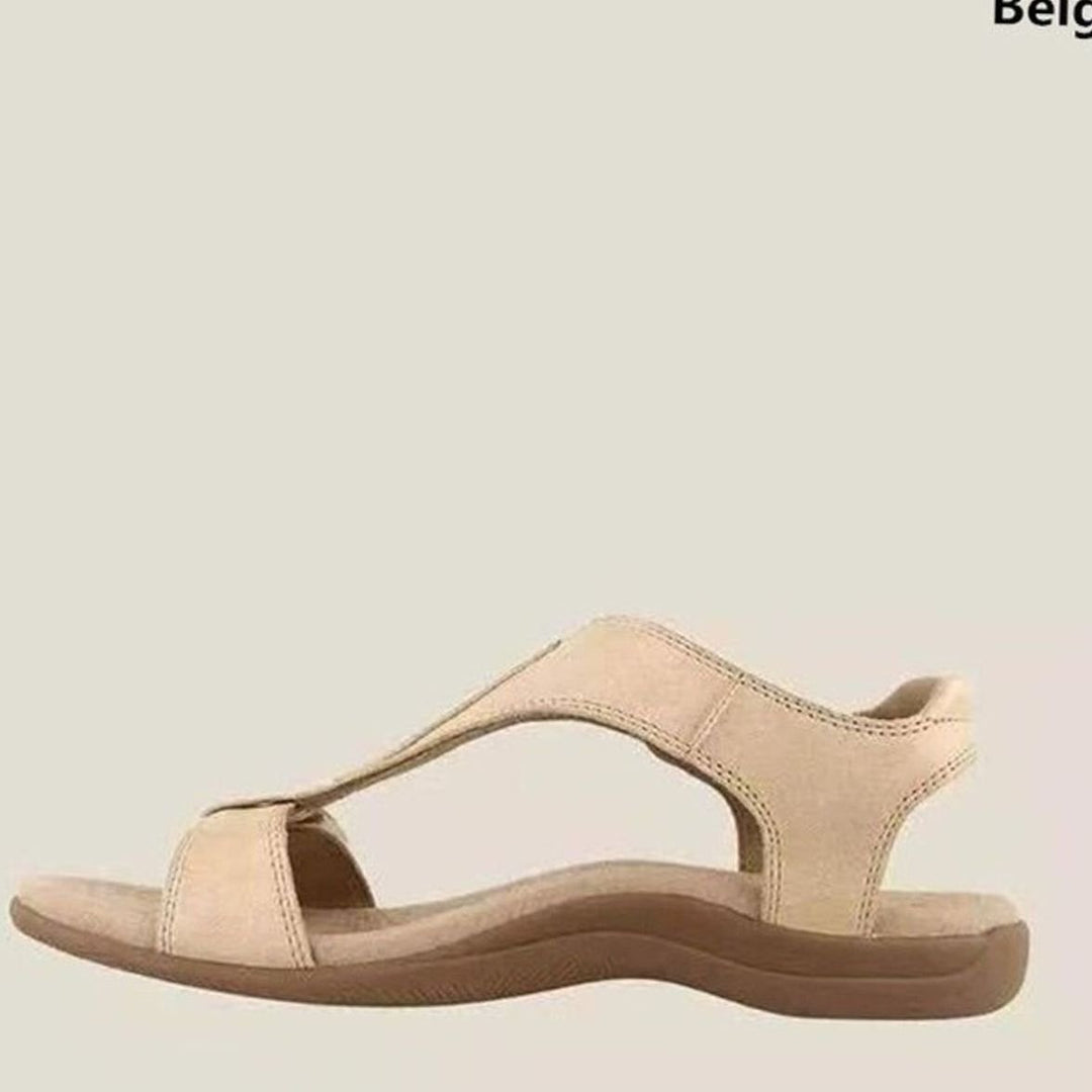 Women's Arch-Support Open-Toe Leather Flat Sandals - Beige