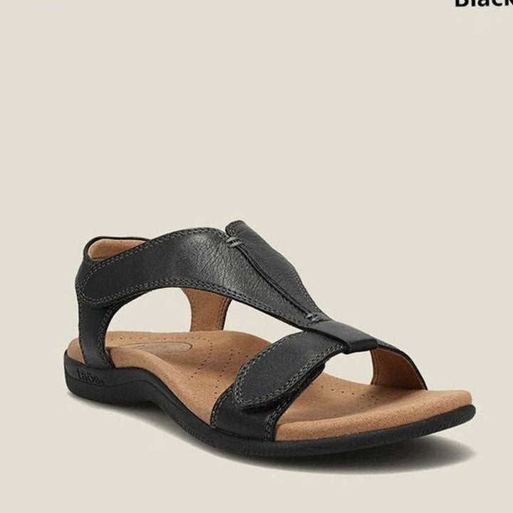 Women's Arch-Support Open-Toe Leather Flat Sandals - Black