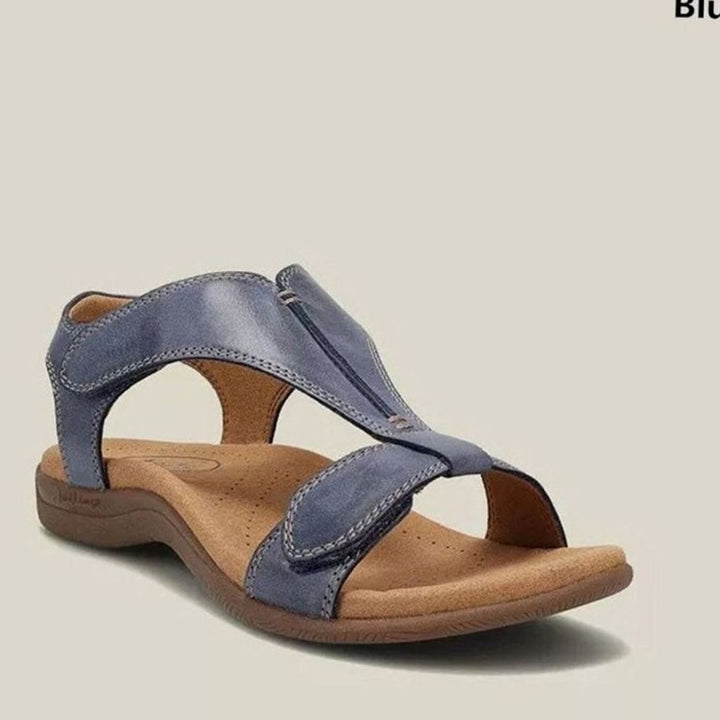 Women's Arch-Support Open-Toe Leather Flat Sandals - Blue