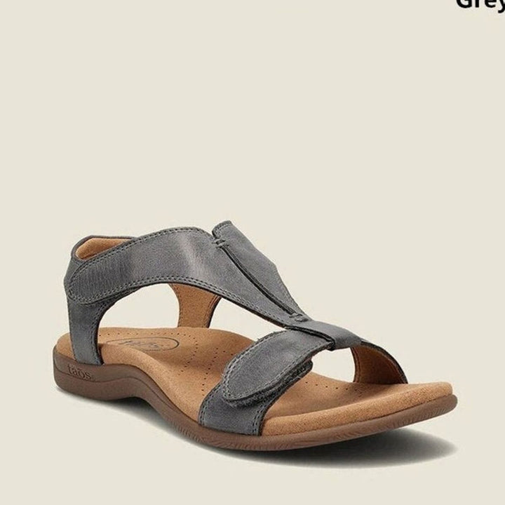Women's Arch-Support Open-Toe Leather Flat Sandals - Grey
