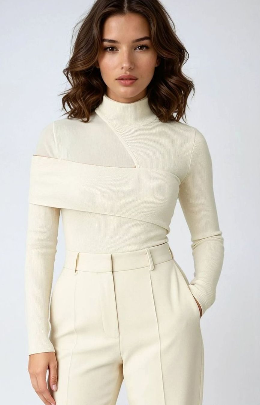 Women's Asymmetric Cut-Out Roll Neck Ribbed Knit Jumper