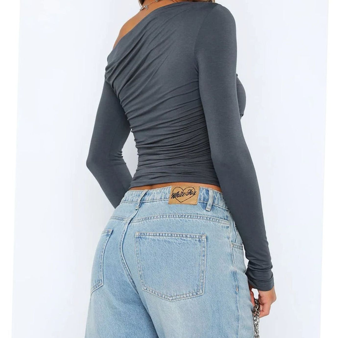Women's Asymmetric One-Shoulder Ruched Long-Sleeve Crop Top, Charcoal Grey