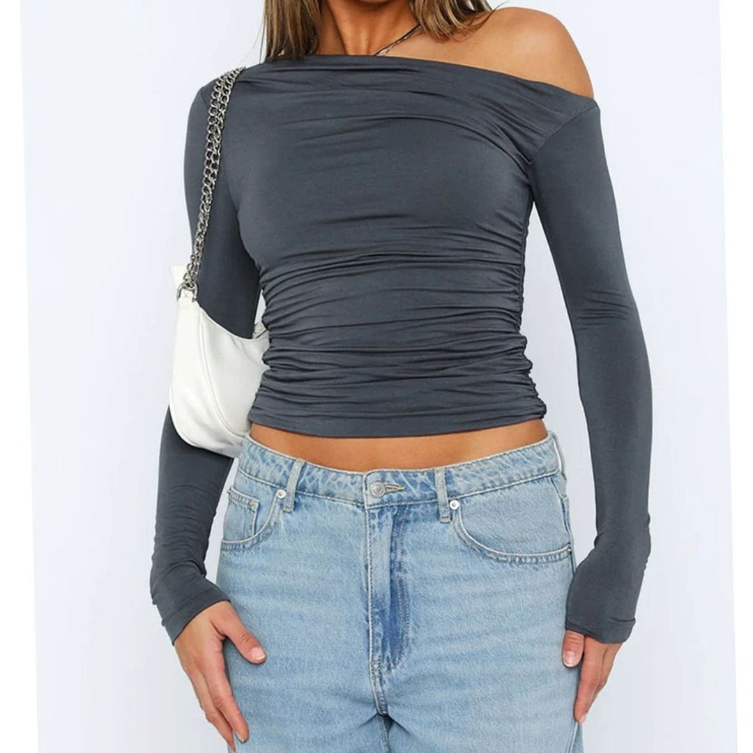 Women's Asymmetric One-Shoulder Ruched Long-Sleeve Crop Top, Charcoal Grey - Grey