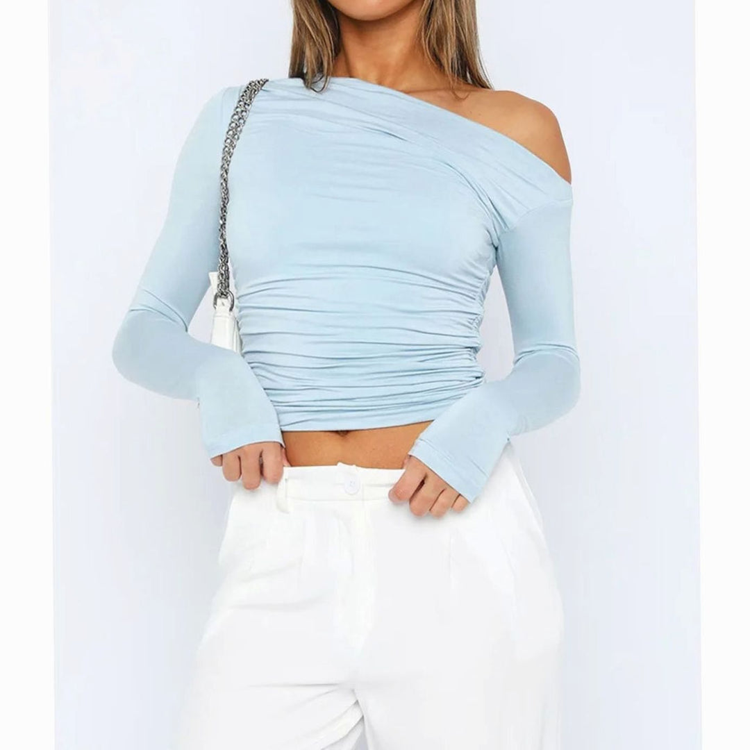 Women's Asymmetric One-Shoulder Ruched Long-Sleeve Crop Top, Charcoal Grey - Blue
