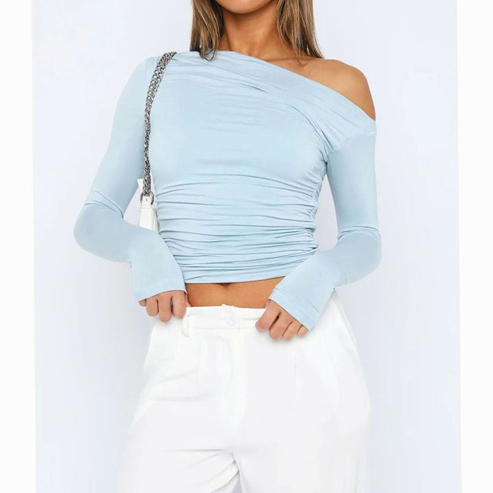 Women's Asymmetric One-Shoulder Ruched Long-Sleeve Crop Top, Charcoal Grey - Blue