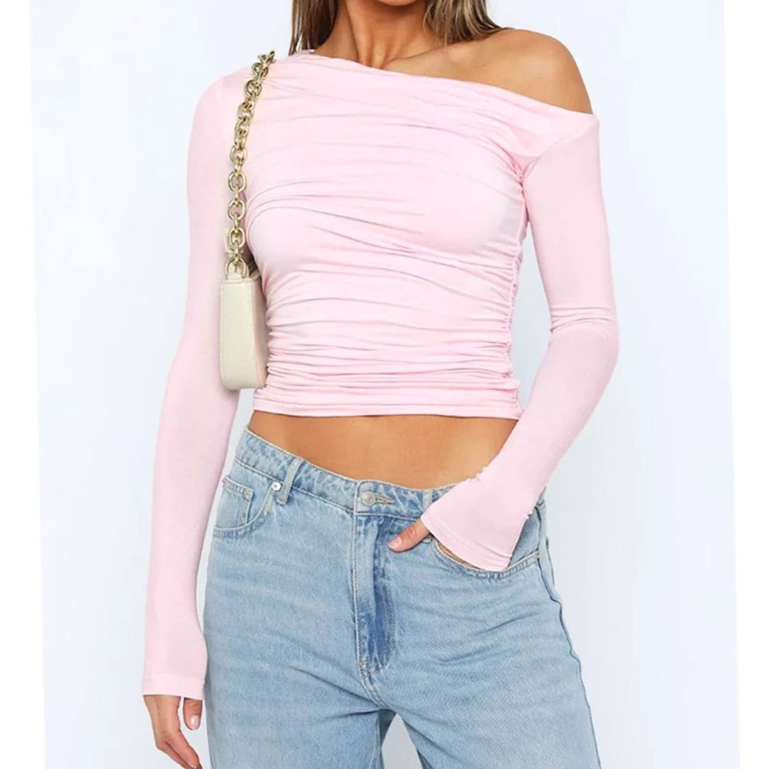 Women's Asymmetric One-Shoulder Ruched Long-Sleeve Crop Top, Charcoal Grey - Pink