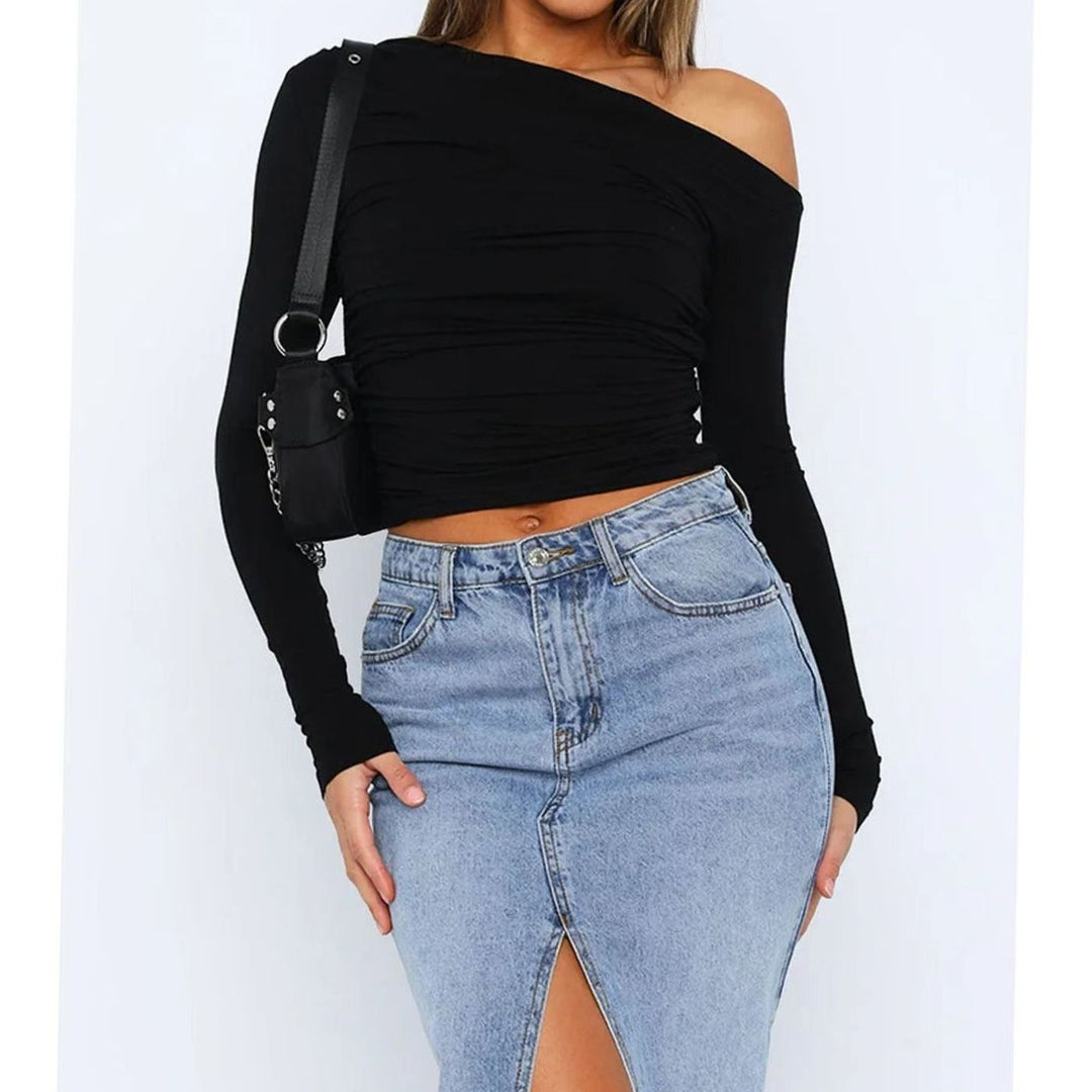 Women's Asymmetric One-Shoulder Ruched Long-Sleeve Crop Top, Charcoal Grey - Black