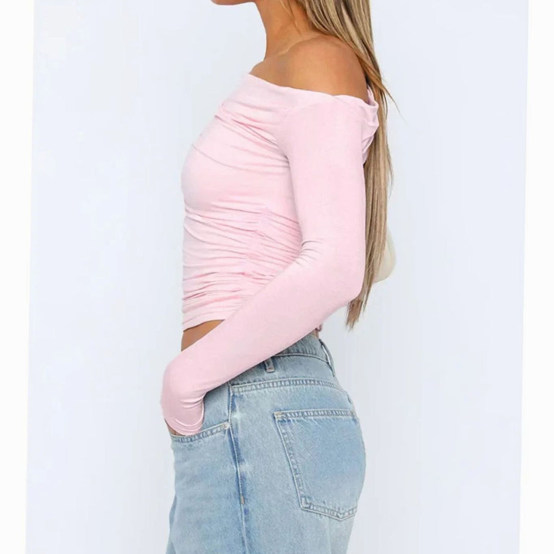 Women's Asymmetric One-Shoulder Ruched Long-Sleeve Crop Top, Charcoal Grey