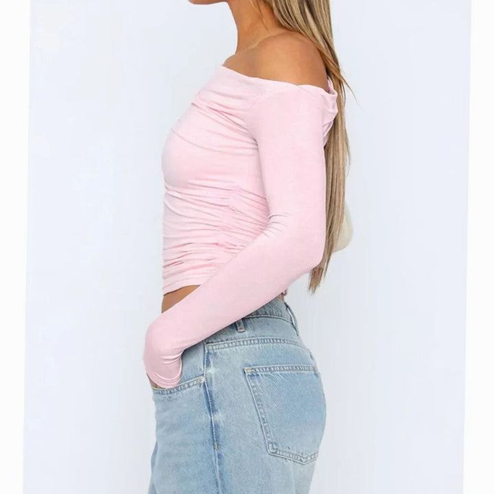 Women's Asymmetric One-Shoulder Ruched Long-Sleeve Crop Top, Charcoal Grey