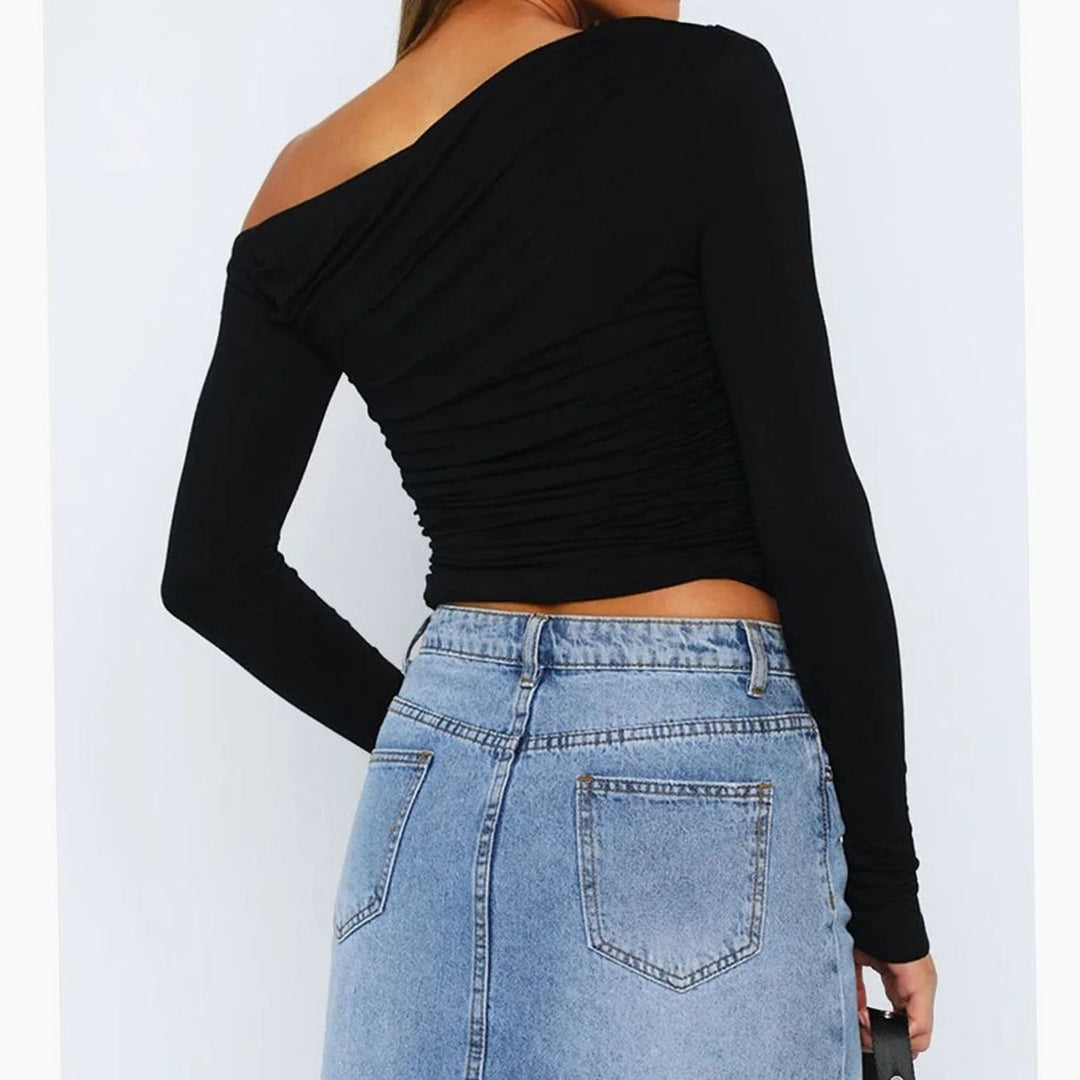 Women's Asymmetric One-Shoulder Ruched Long-Sleeve Crop Top, Charcoal Grey