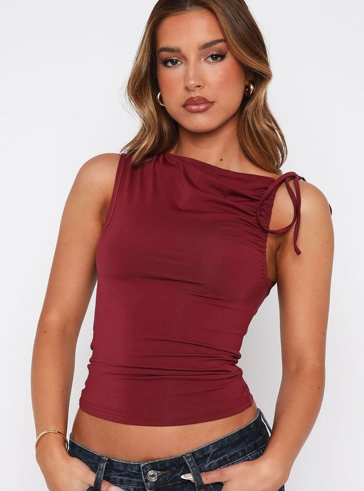 Women's Asymmetric One-Shoulder Ruched Tie Crop Top, White - Wine Red