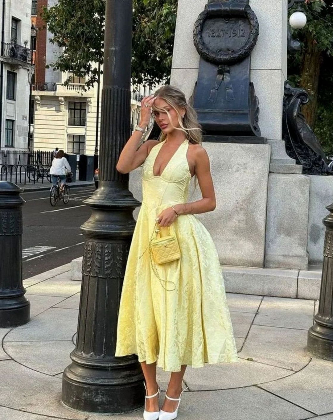 Women's Backless Deep V-Neck Pleated Midi Party Dress